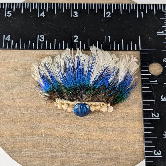 Genuine Feather Hair Clip Handmade Blue White Flapper Peacock Snap Barrette 20s - Picture 3 of 5